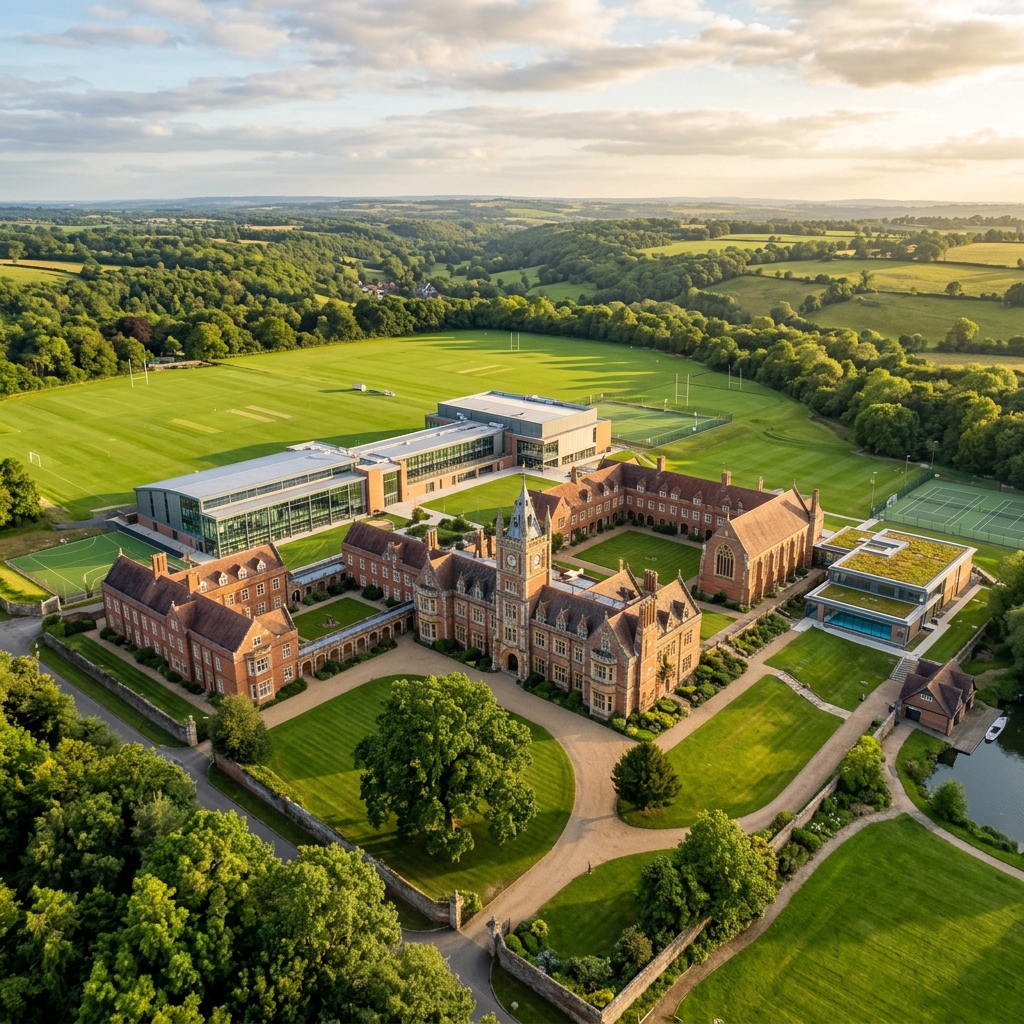 Beautiful British independent school campus with historic buildings and green fields