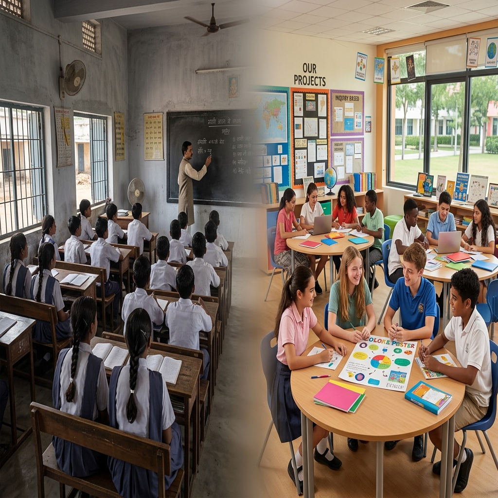 Visual showing the contrast between traditional and modern IB classrooms
